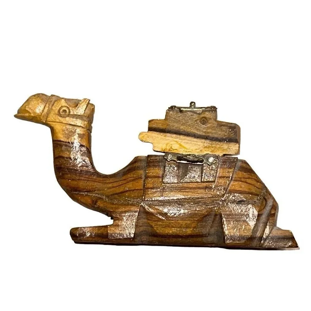 Camel Figurine From Egypt hand carved olive wood trinket box vintage wooden